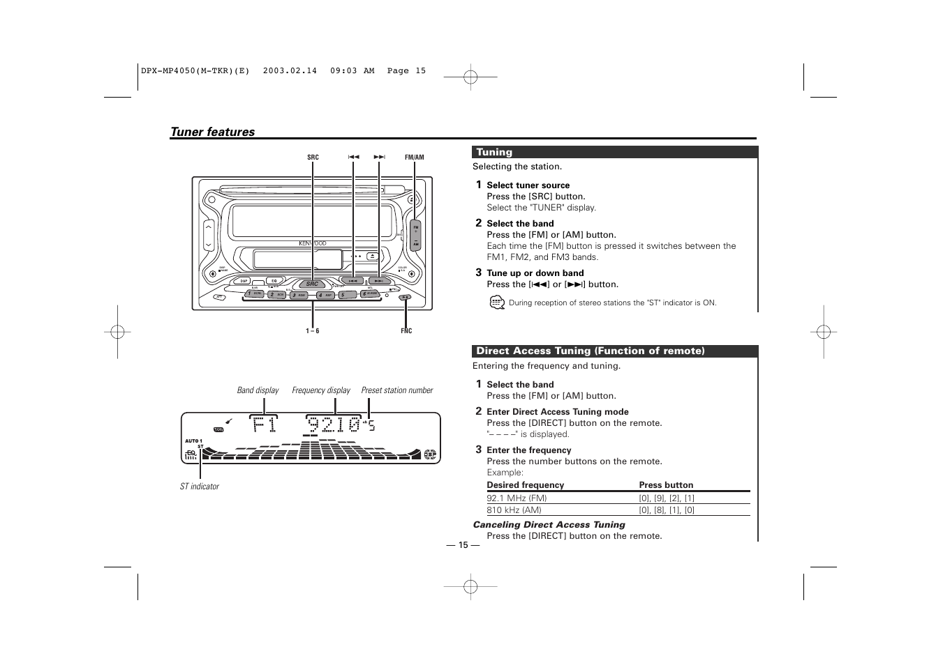 Tuner features | Kenwood DPX-3050 User Manual | Page 15 / 38