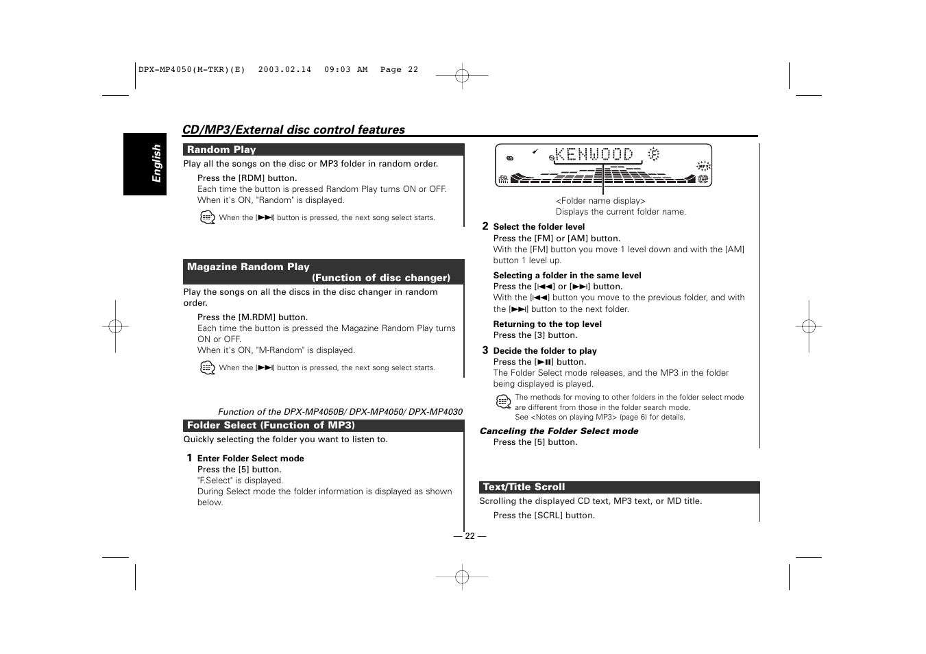 Cd/mp3/external disc control features | Kenwood DPX-3050 User Manual | Page 22 / 38