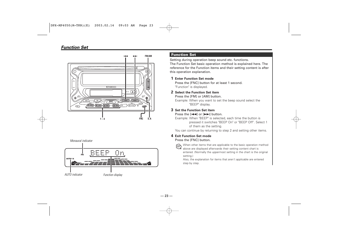 Function set | Kenwood DPX-3050 User Manual | Page 23 / 38