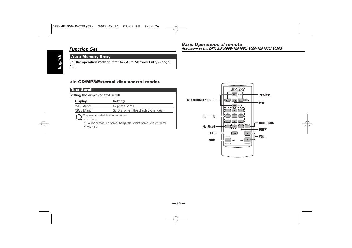 Basic operations of remote | Kenwood DPX-3050 User Manual | Page 26 / 38