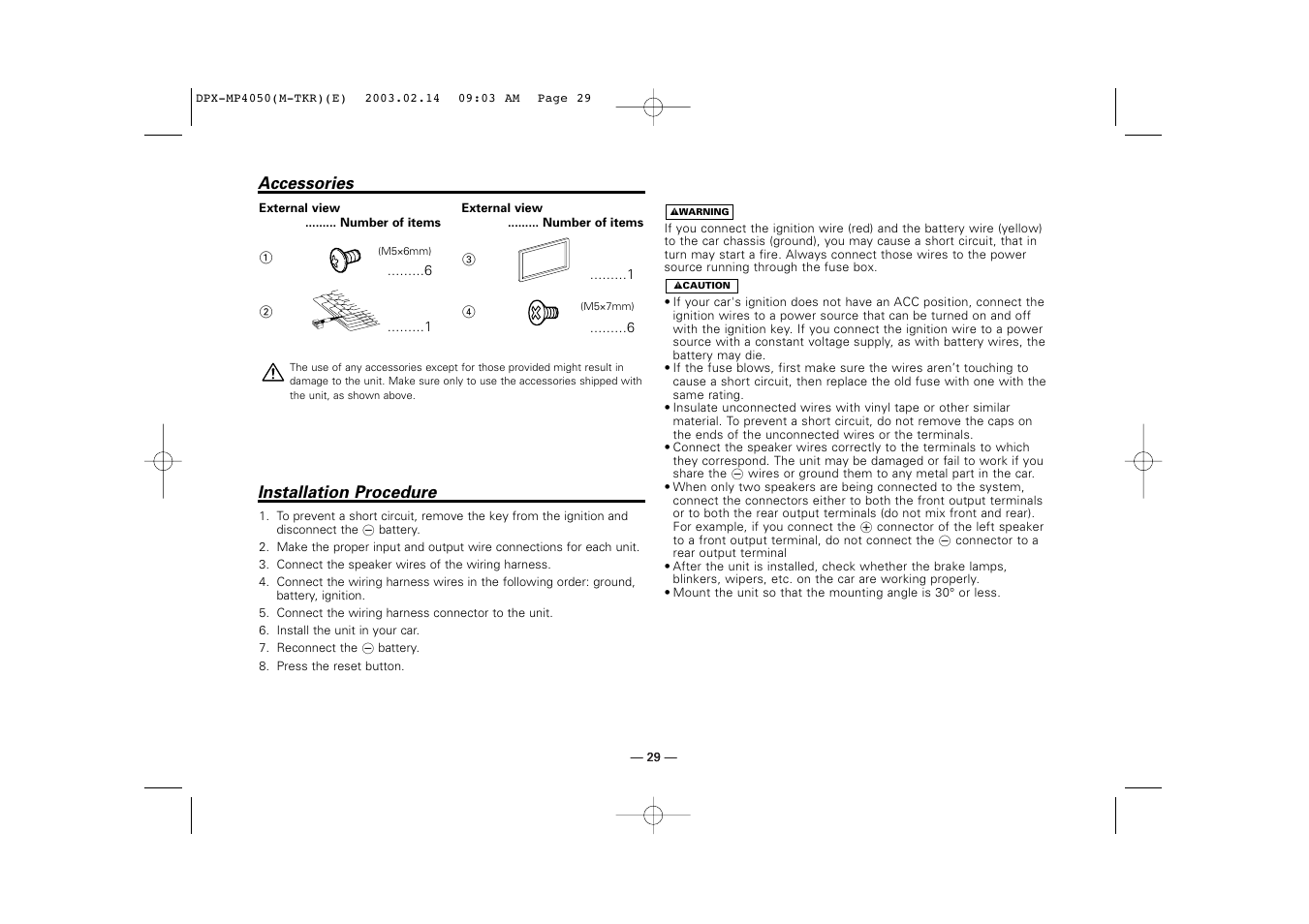 Accessories, Installation procedure | Kenwood DPX-3050 User Manual | Page 29 / 38