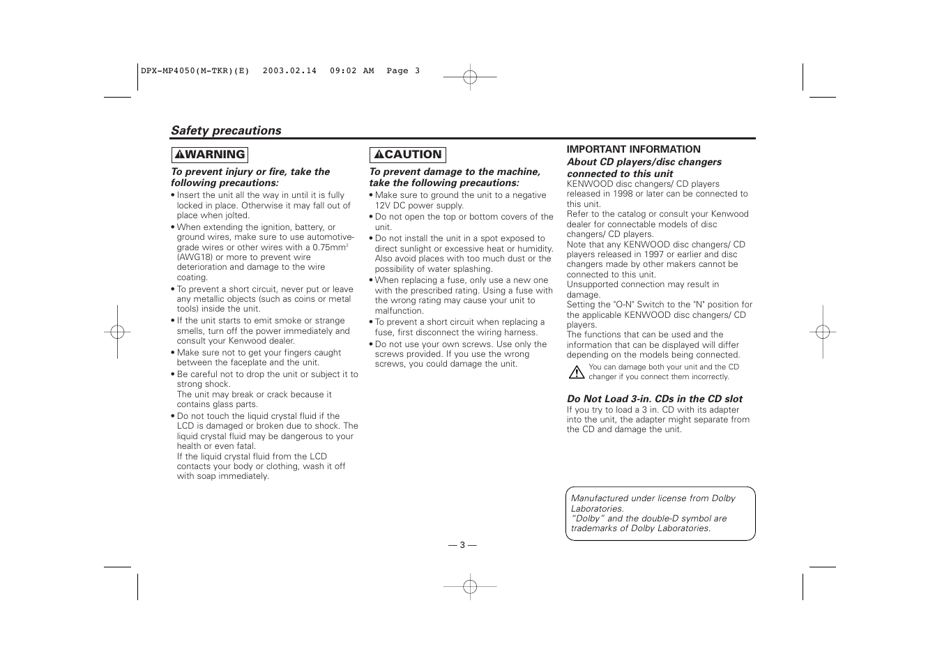 Safety precautions | Kenwood DPX-3050 User Manual | Page 3 / 38