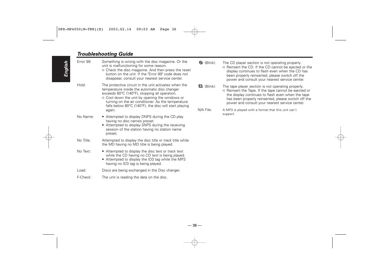 Troubleshooting guide | Kenwood DPX-3050 User Manual | Page 36 / 38