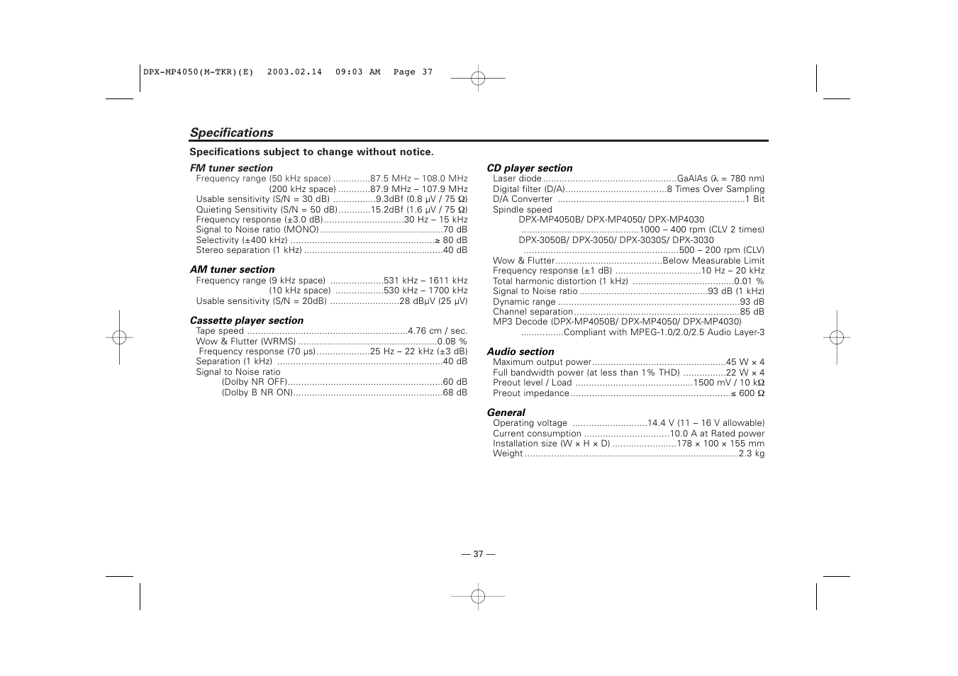 Specifications | Kenwood DPX-3050 User Manual | Page 37 / 38