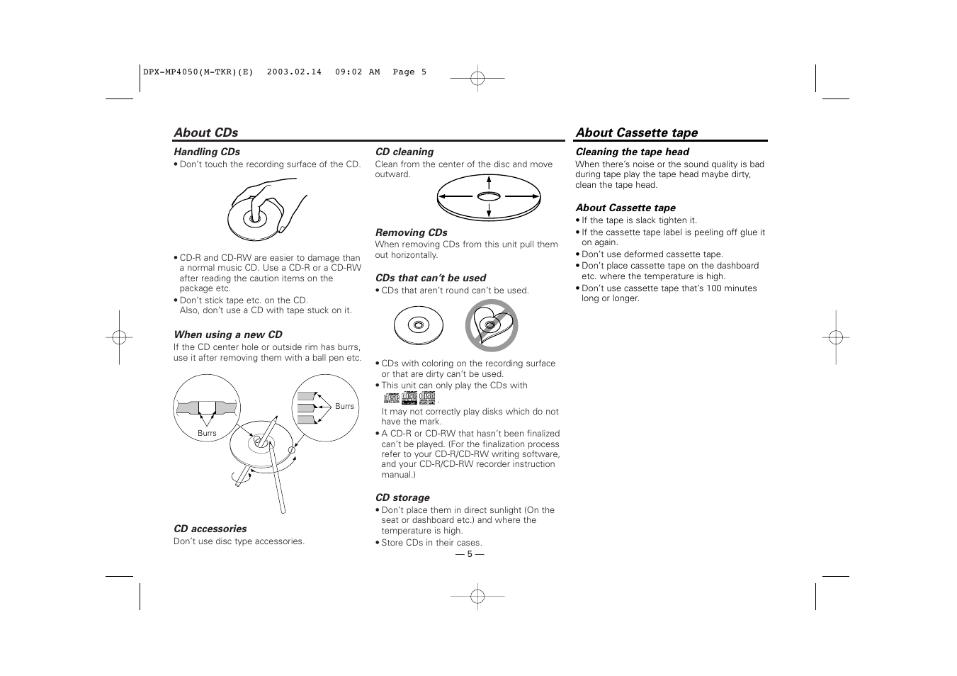 About cds, About cassette tape | Kenwood DPX-3050 User Manual | Page 5 / 38