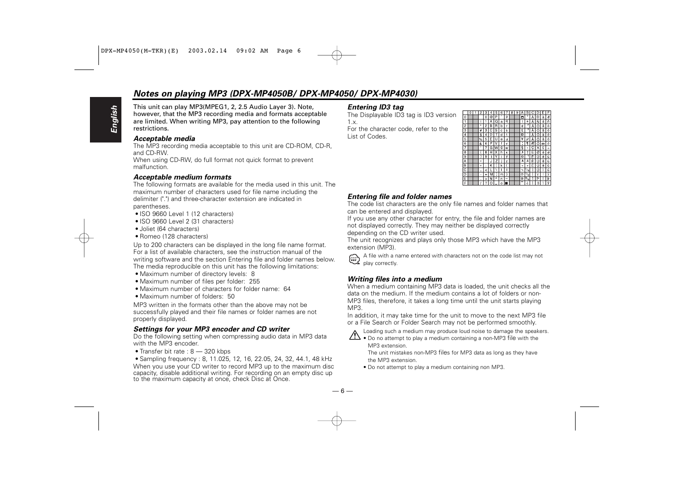 Notes on playing mp3 | Kenwood DPX-3050 User Manual | Page 6 / 38