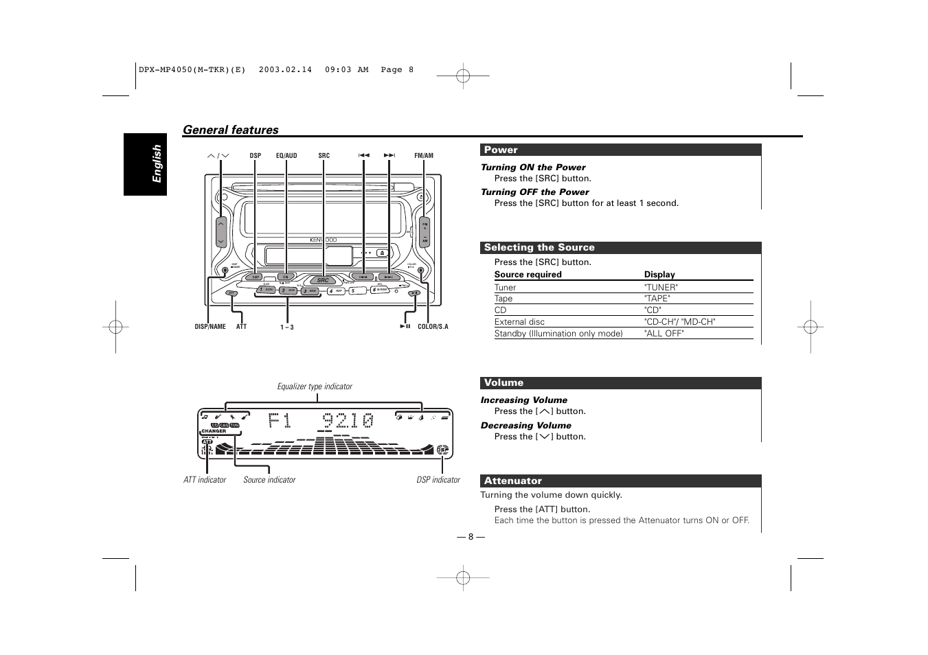 General features, English | Kenwood DPX-3050 User Manual | Page 8 / 38