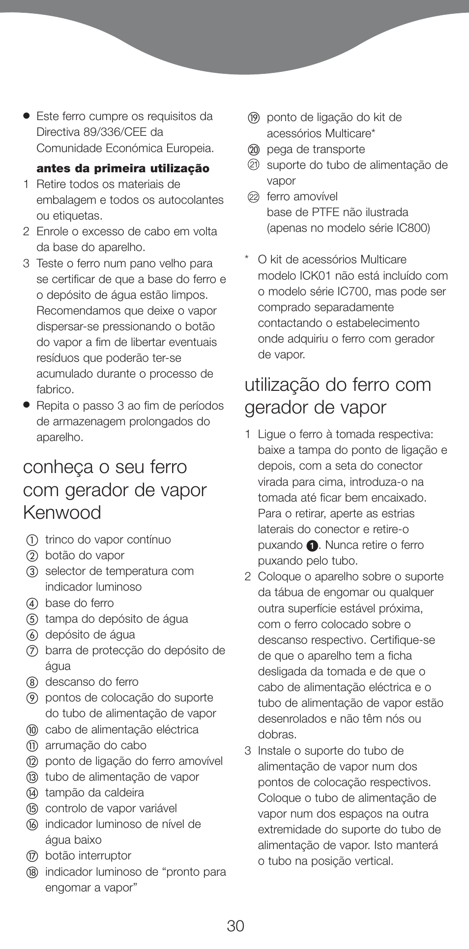 Conheça o seu ferro com gerador de vapor kenwood, Utilização do ferro com gerador de vapor | Kenwood IC800 User Manual | Page 33 / 105