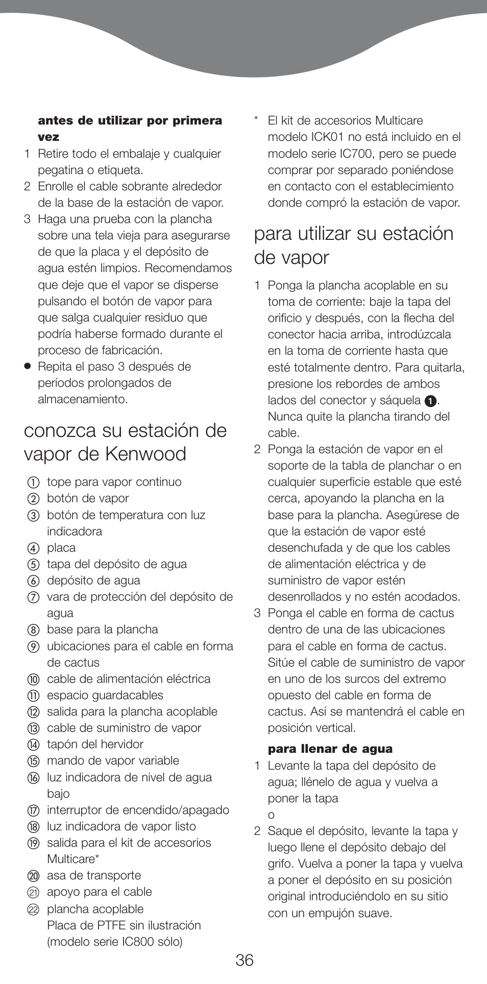 Conozca su estación de vapor de kenwood, Para utilizar su estación de vapor | Kenwood IC800 User Manual | Page 39 / 105