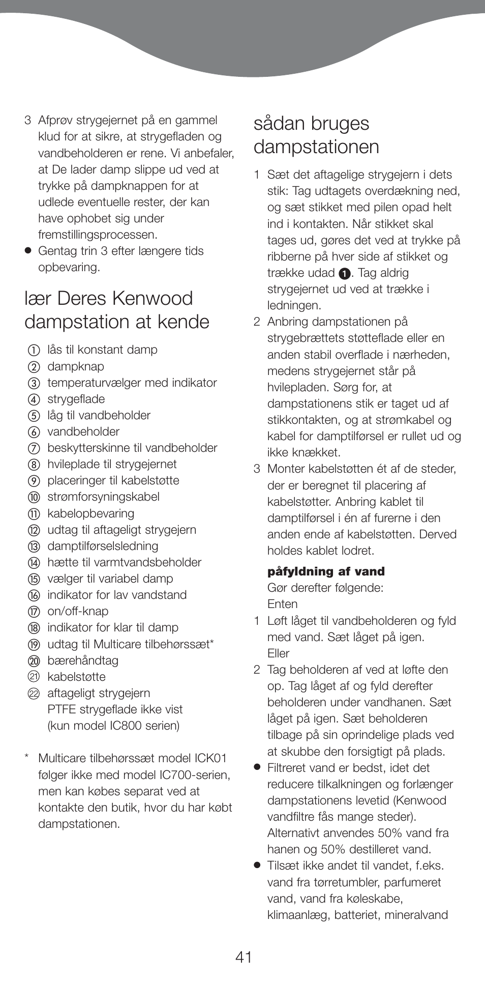 Lær deres kenwood dampstation at kende, Sådan bruges dampstationen | Kenwood IC800 User Manual | Page 44 / 105