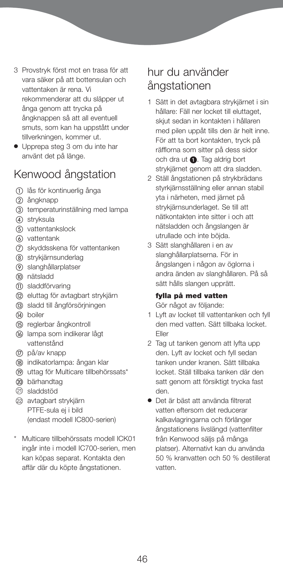 Kenwood ångstation, Hur du använder ångstationen | Kenwood IC800 User Manual | Page 49 / 105