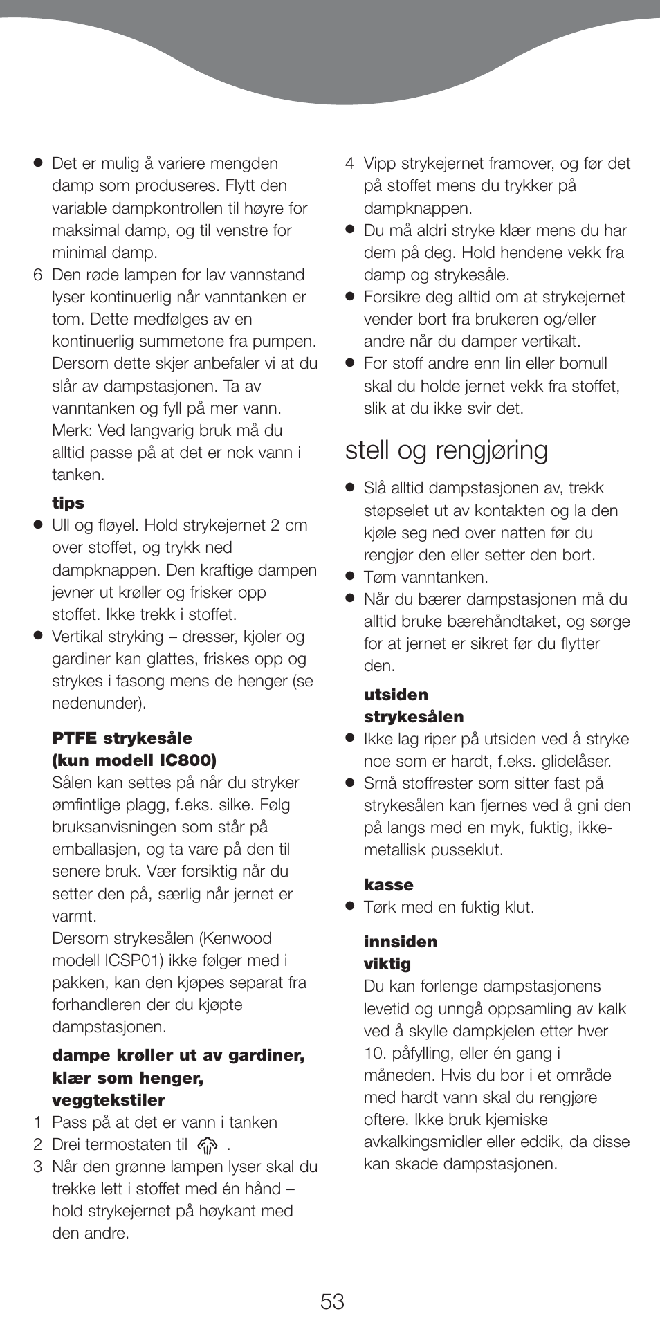 Stell og rengjøring | Kenwood IC800 User Manual | Page 56 / 105