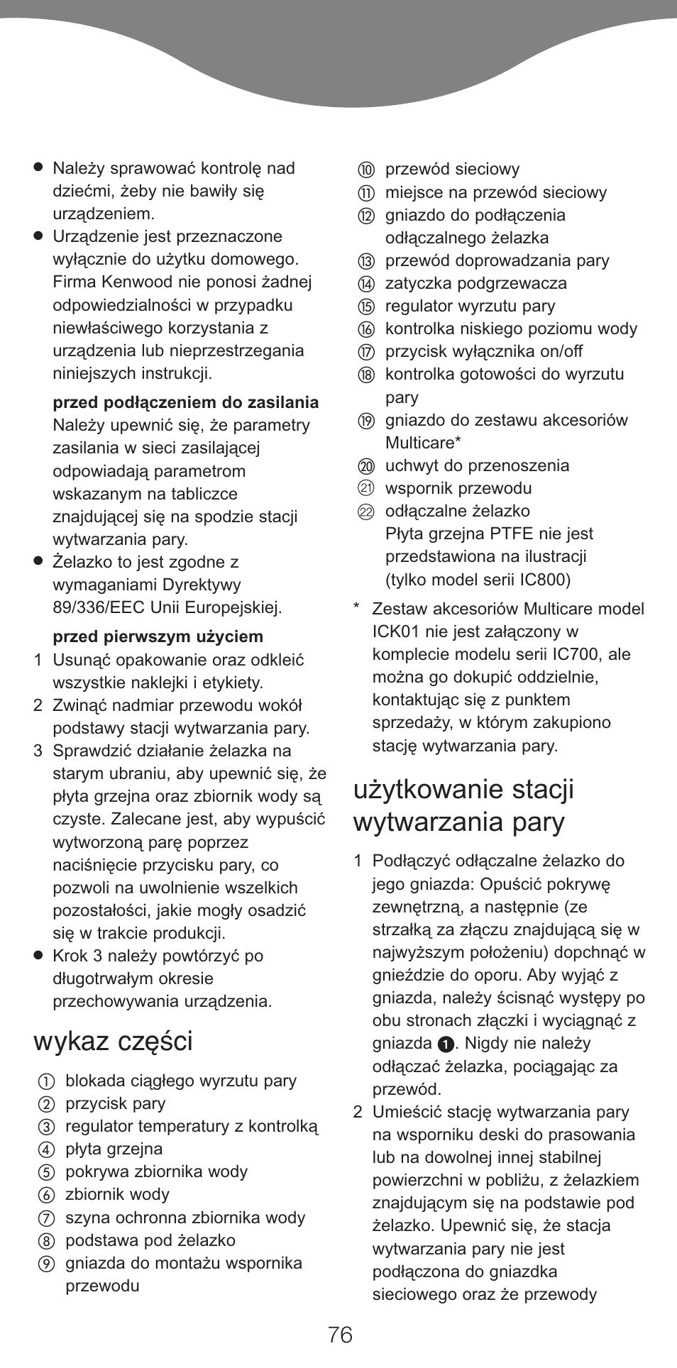 Wykaz części, Użytkowanie stacji wytwarzania pary | Kenwood IC800 User Manual | Page 79 / 105