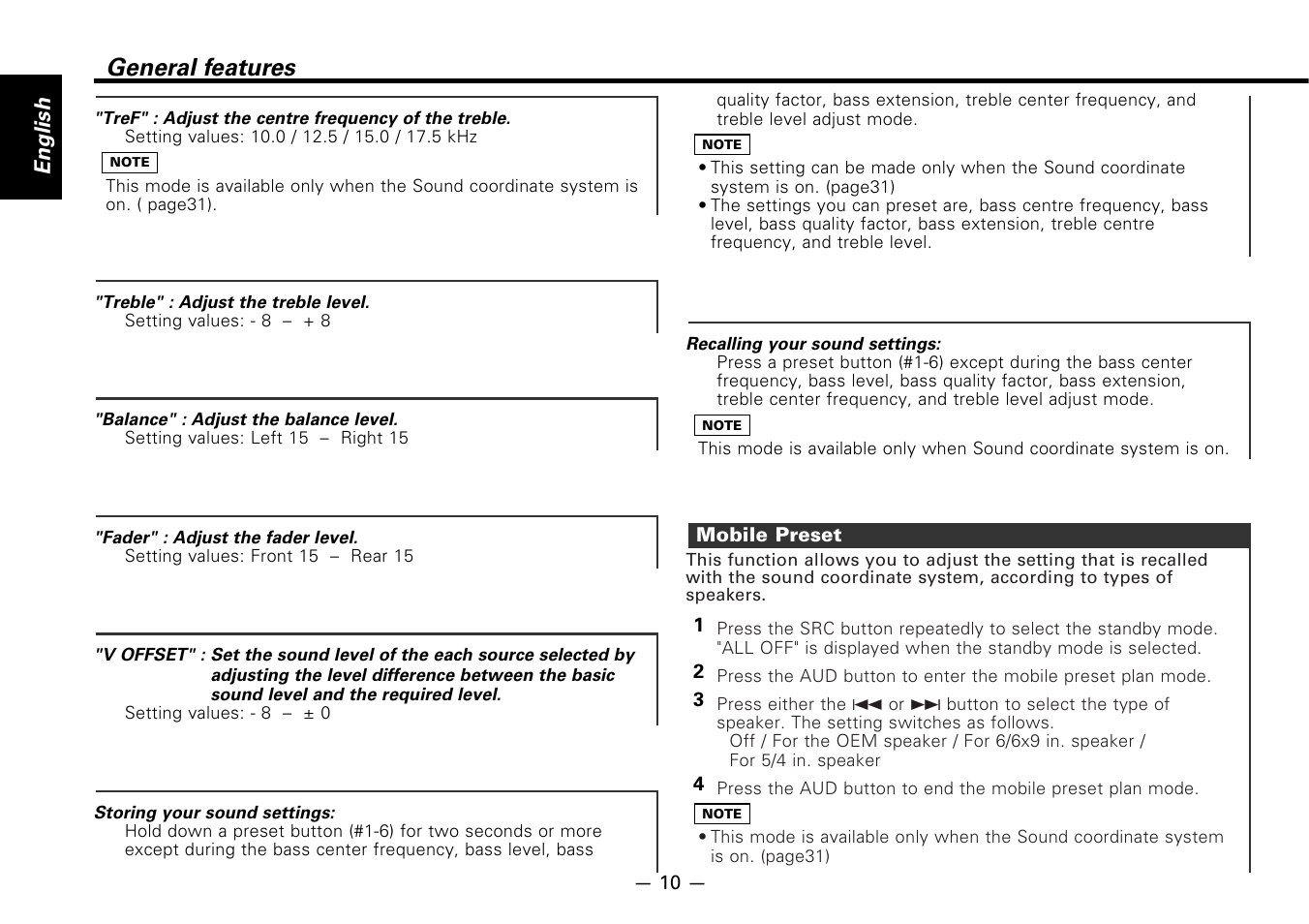 Mobile preset, General features, English | Kenwood KDC-7080R User Manual | Page 10 / 44