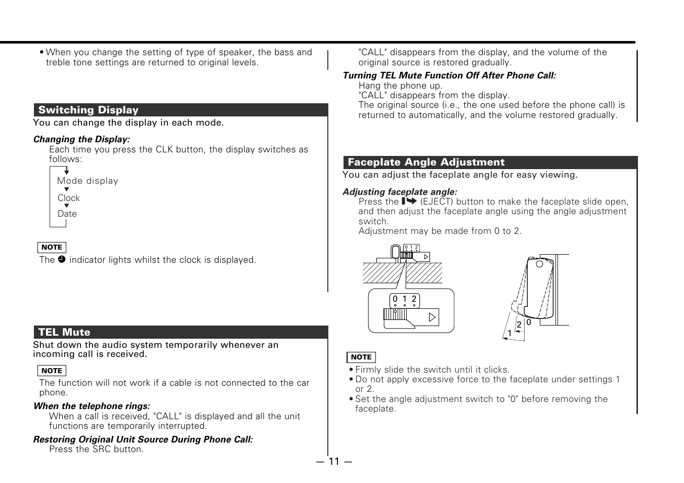 Switching display, Tel mute, Faceplate angle adjustment | Kenwood KDC-7080R User Manual | Page 11 / 44