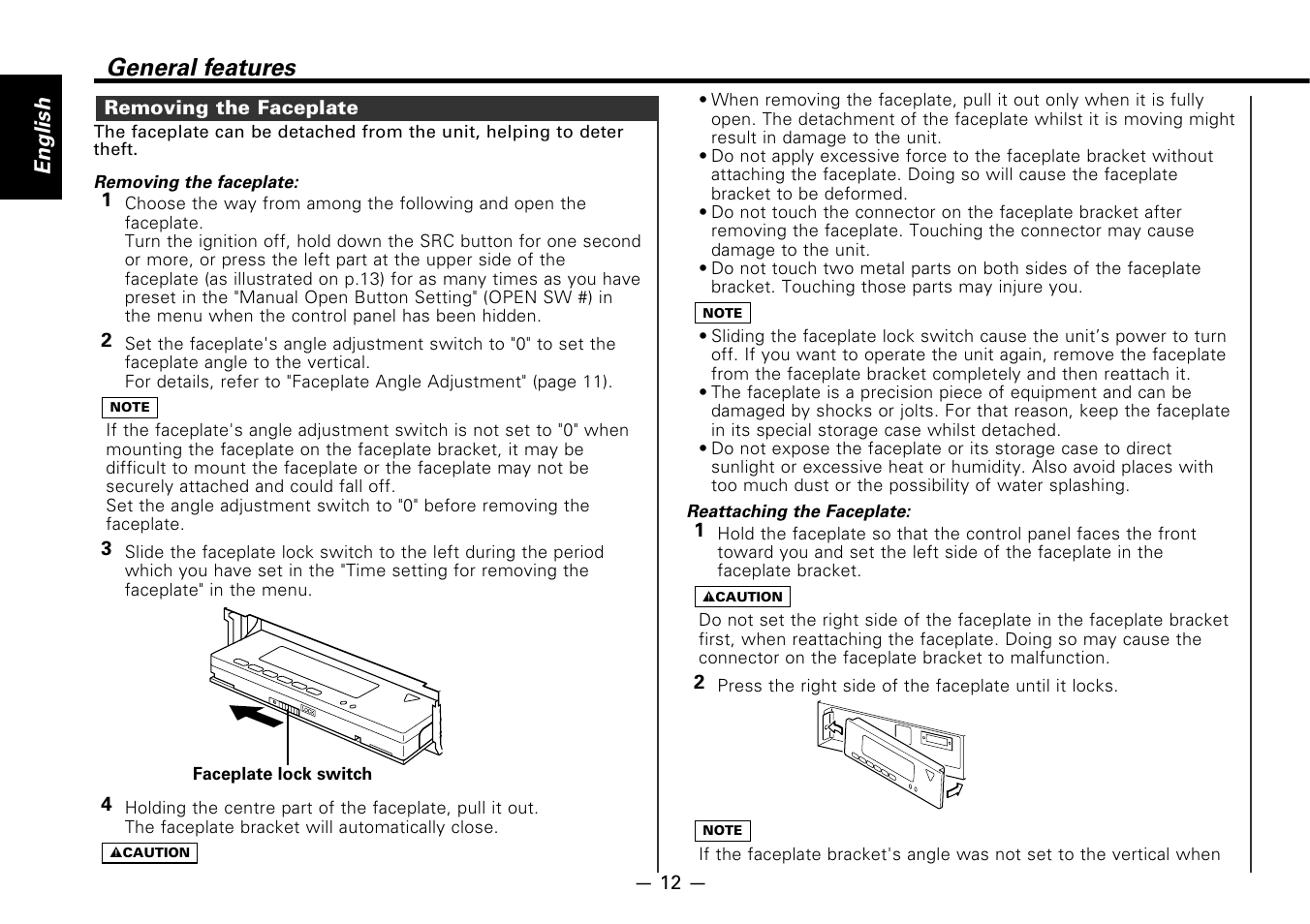 Removing the faceplate, General features, English | Kenwood KDC-7080R User Manual | Page 12 / 44