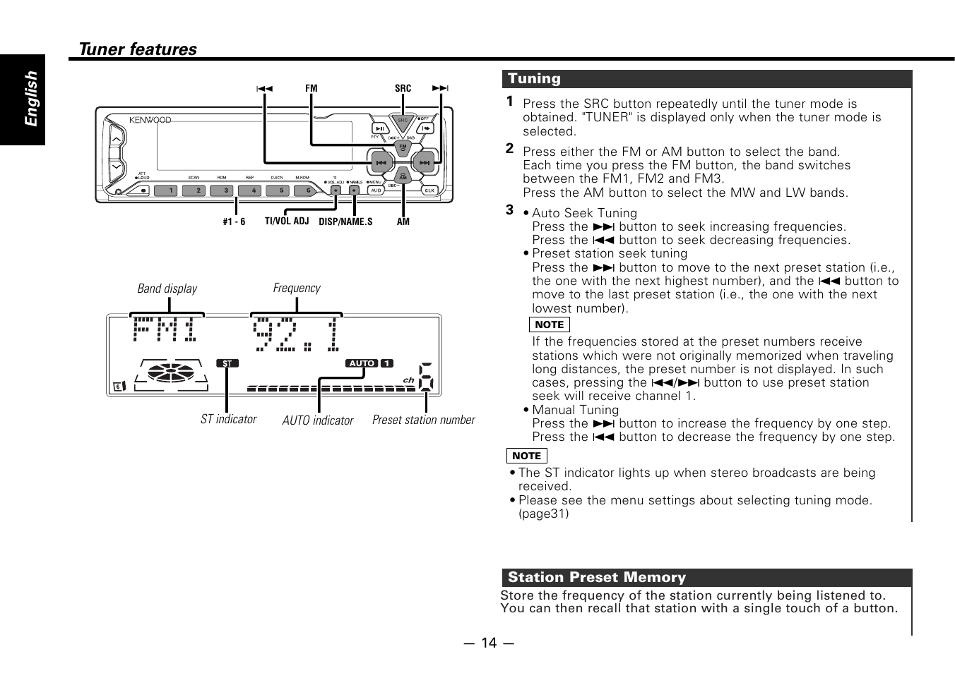 Tuner features, Tuning, Station preset memory | English | Kenwood KDC-7080R User Manual | Page 14 / 44