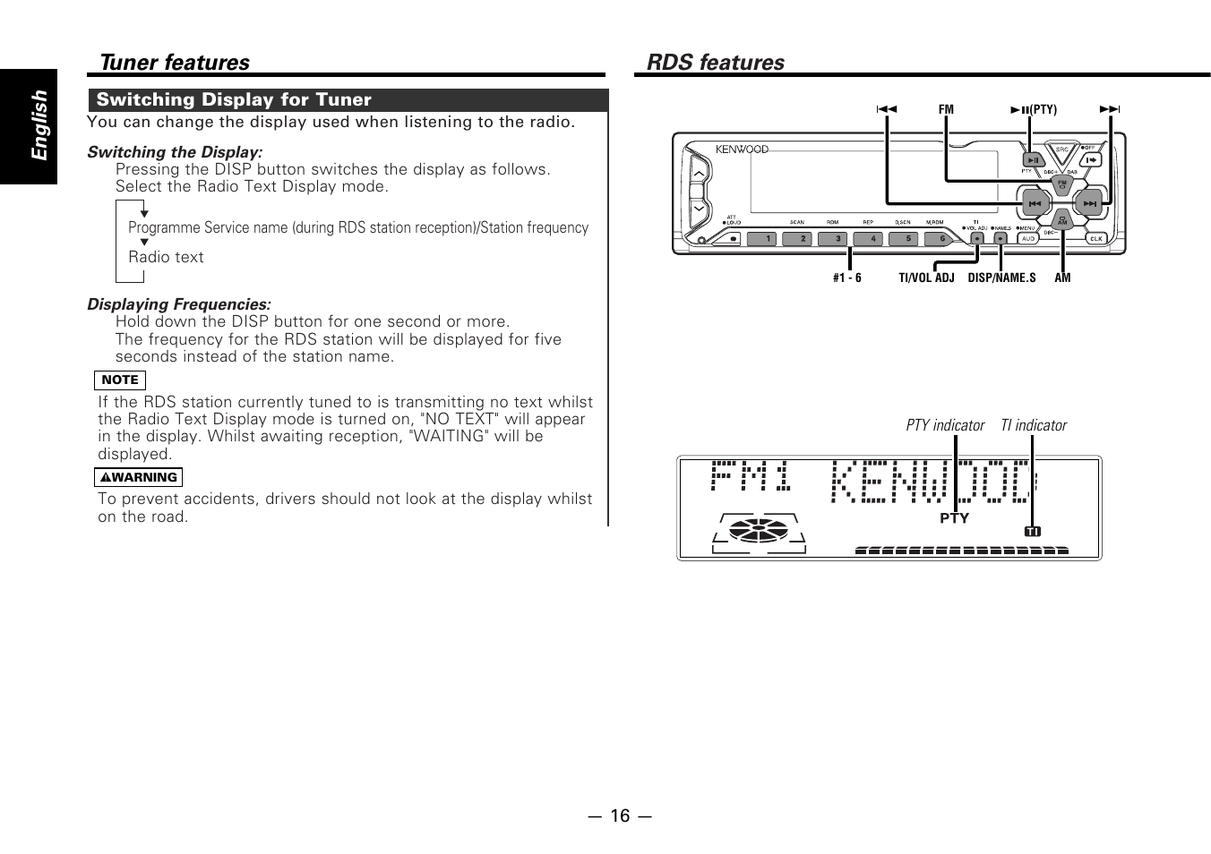 Switching display for tuner, Rds features, Tuner features | English | Kenwood KDC-7080R User Manual | Page 16 / 44