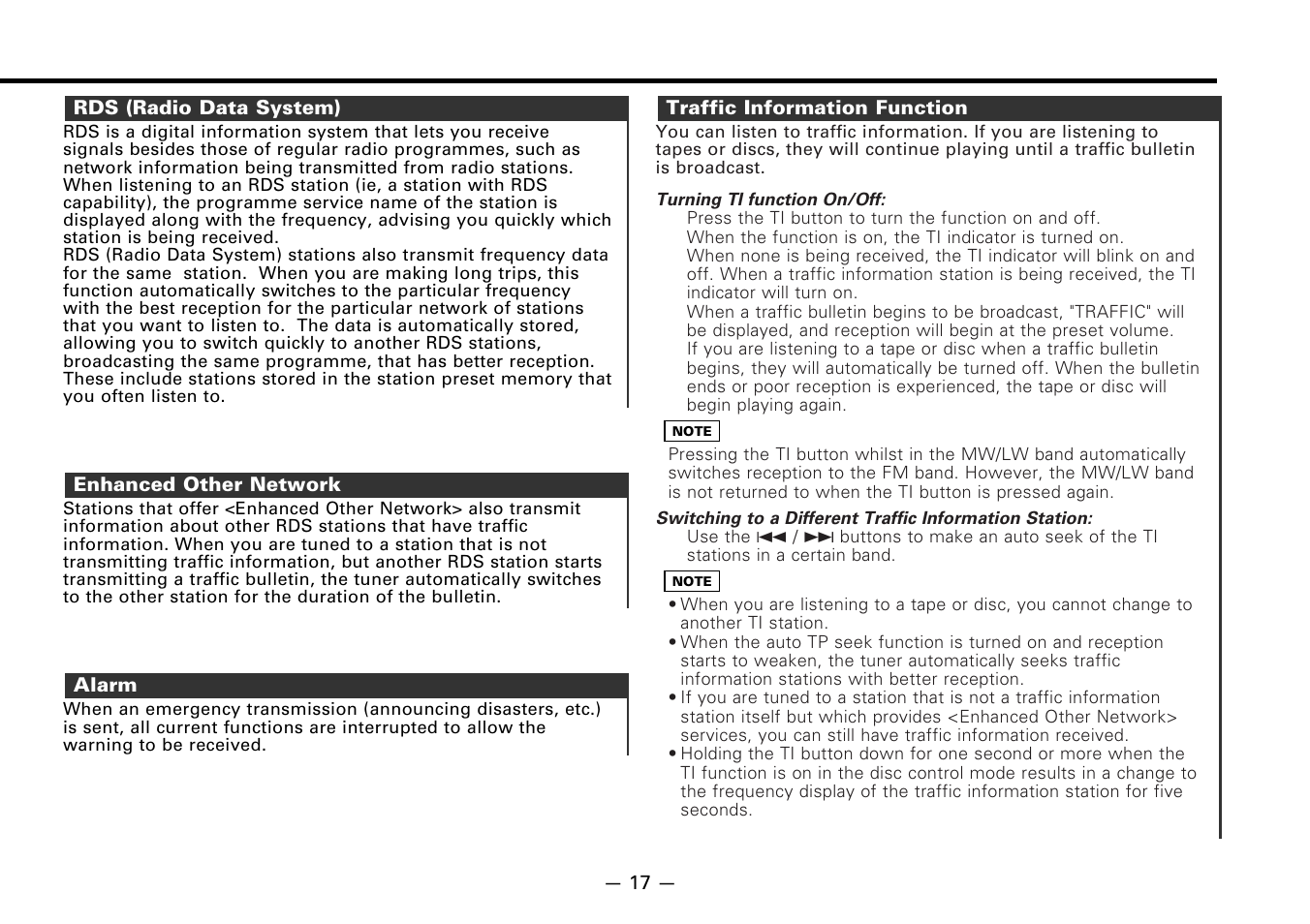 Rds (radio data system), Enhanced other network, Alarm | Traffic information function | Kenwood KDC-7080R User Manual | Page 17 / 44