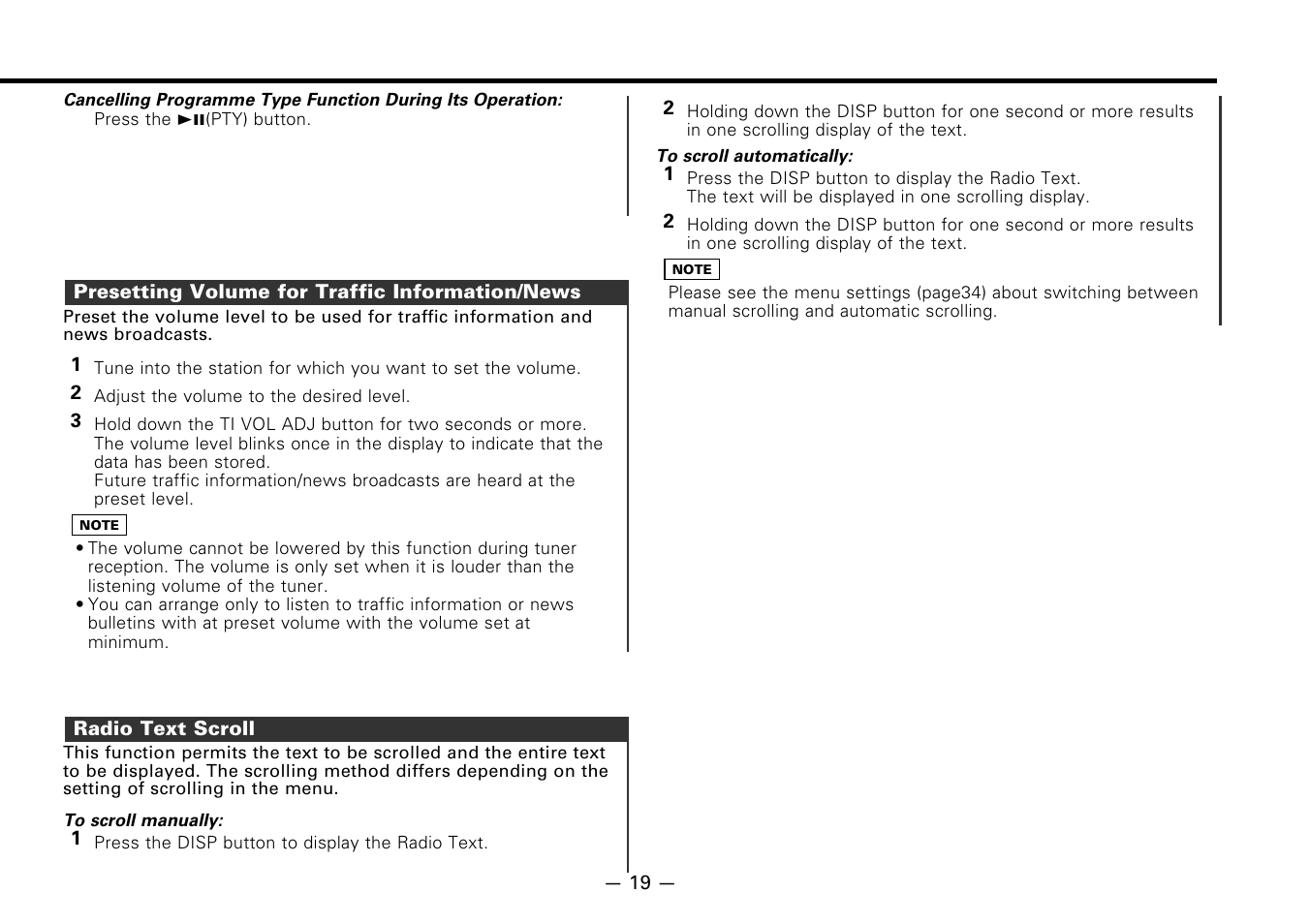 Presetting volume for traffic information/news, Radio text scroll | Kenwood KDC-7080R User Manual | Page 19 / 44