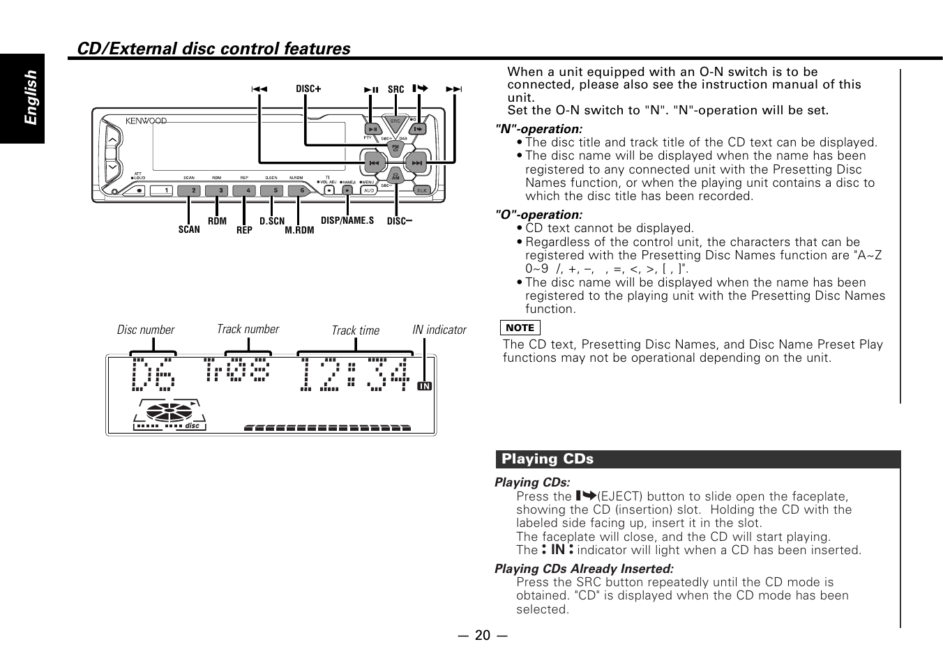 Cd/external disc control features, Playing cds, English | Kenwood KDC-7080R User Manual | Page 20 / 44