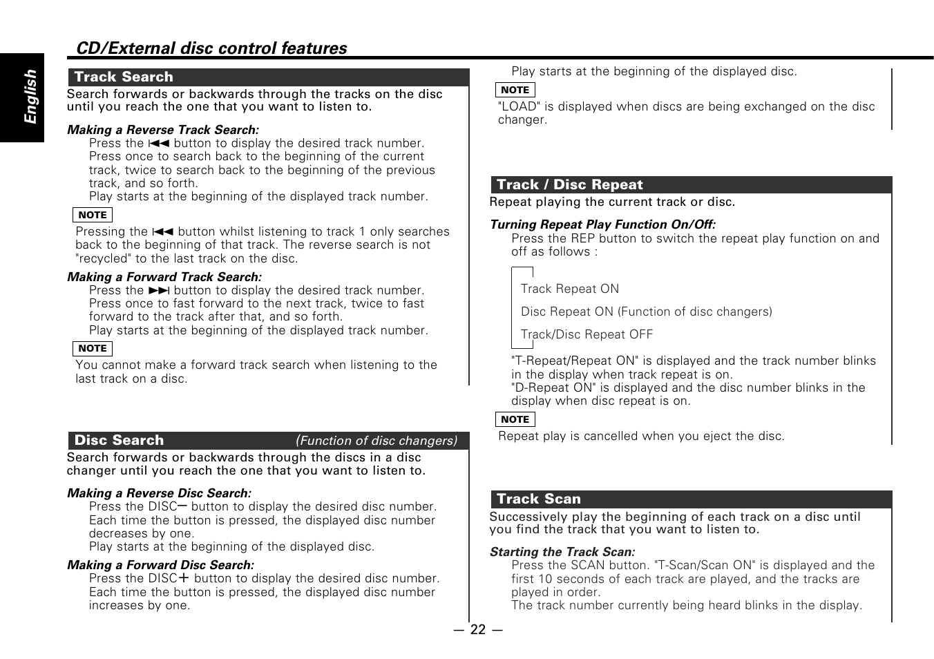 Track search, Disc search, Track / disc repeat | Track scan, Cd/external disc control features, English | Kenwood KDC-7080R User Manual | Page 22 / 44