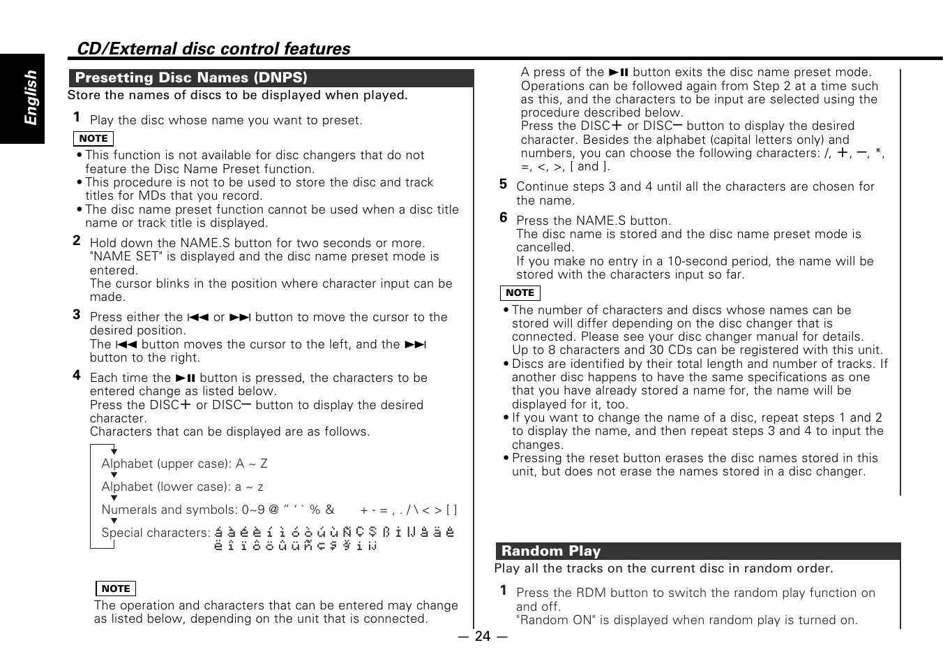 Presetting disc names (dnps), Random play, Cd/external disc control features | Kenwood KDC-7080R User Manual | Page 24 / 44