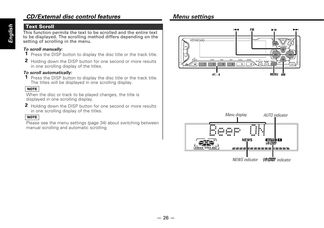 Text scroll, Menu settings, Cd/external disc control features | English | Kenwood KDC-7080R User Manual | Page 26 / 44