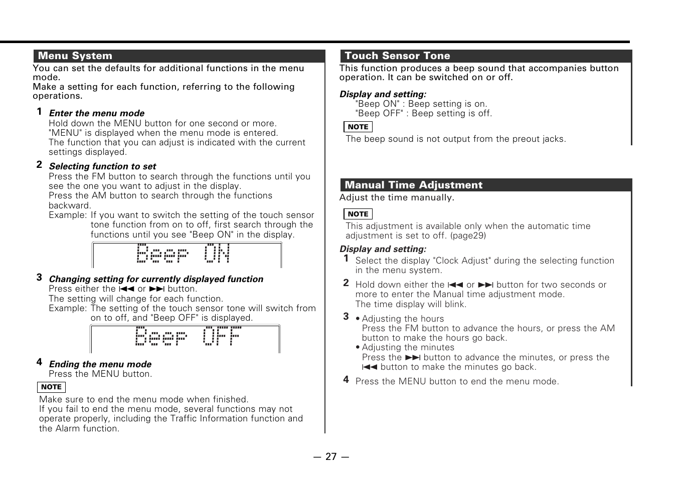 Menu system, Touch sensor tone, Manual time adjustment | Kenwood KDC-7080R User Manual | Page 27 / 44