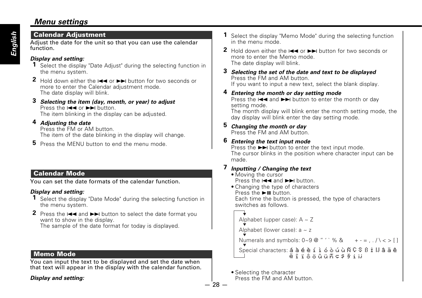 Calendar adjustment, Calendar mode, Memo mode | Menu settings | Kenwood KDC-7080R User Manual | Page 28 / 44