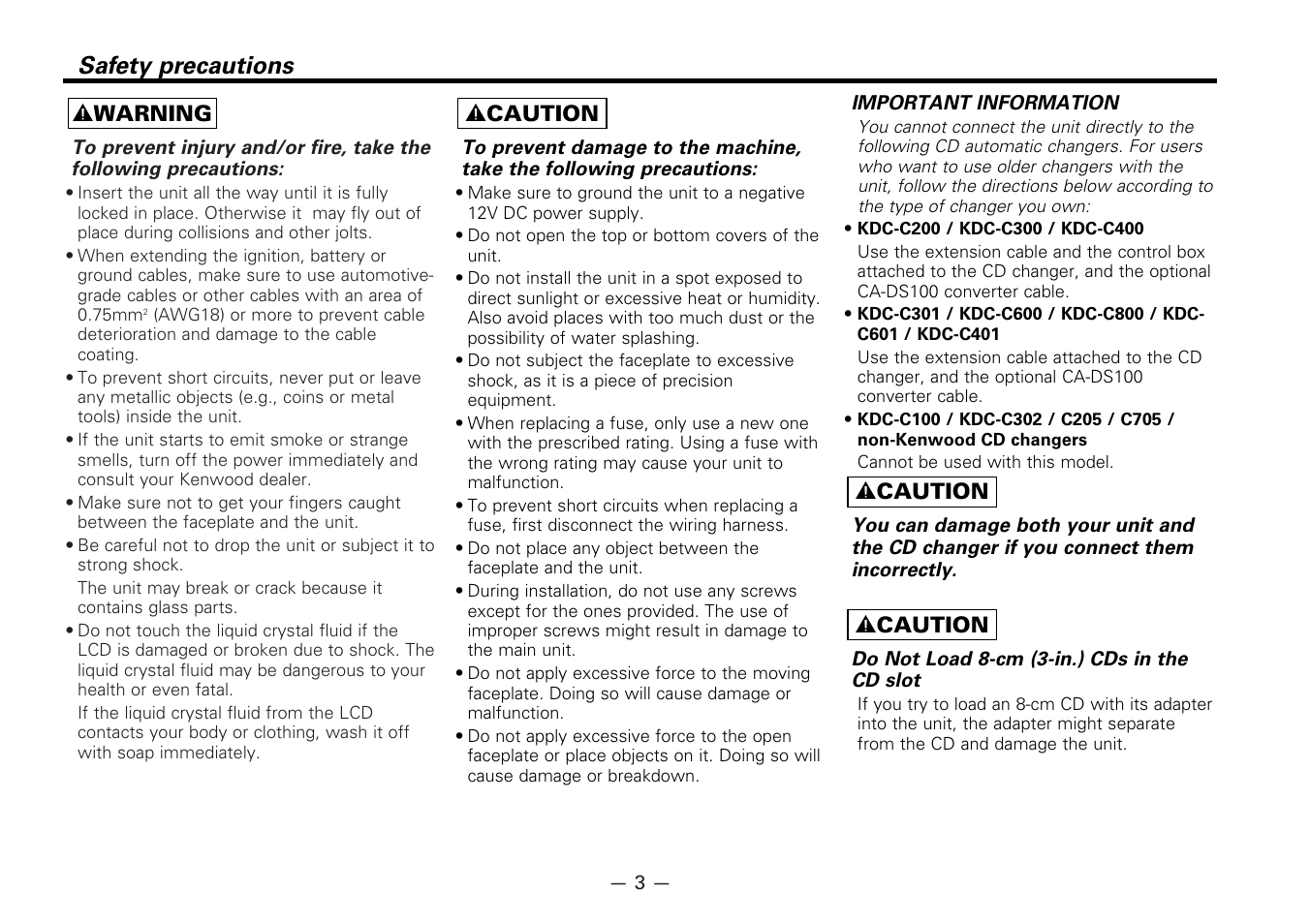 Safety precautions, 2 warning, 2 caution | Kenwood KDC-7080R User Manual | Page 3 / 44