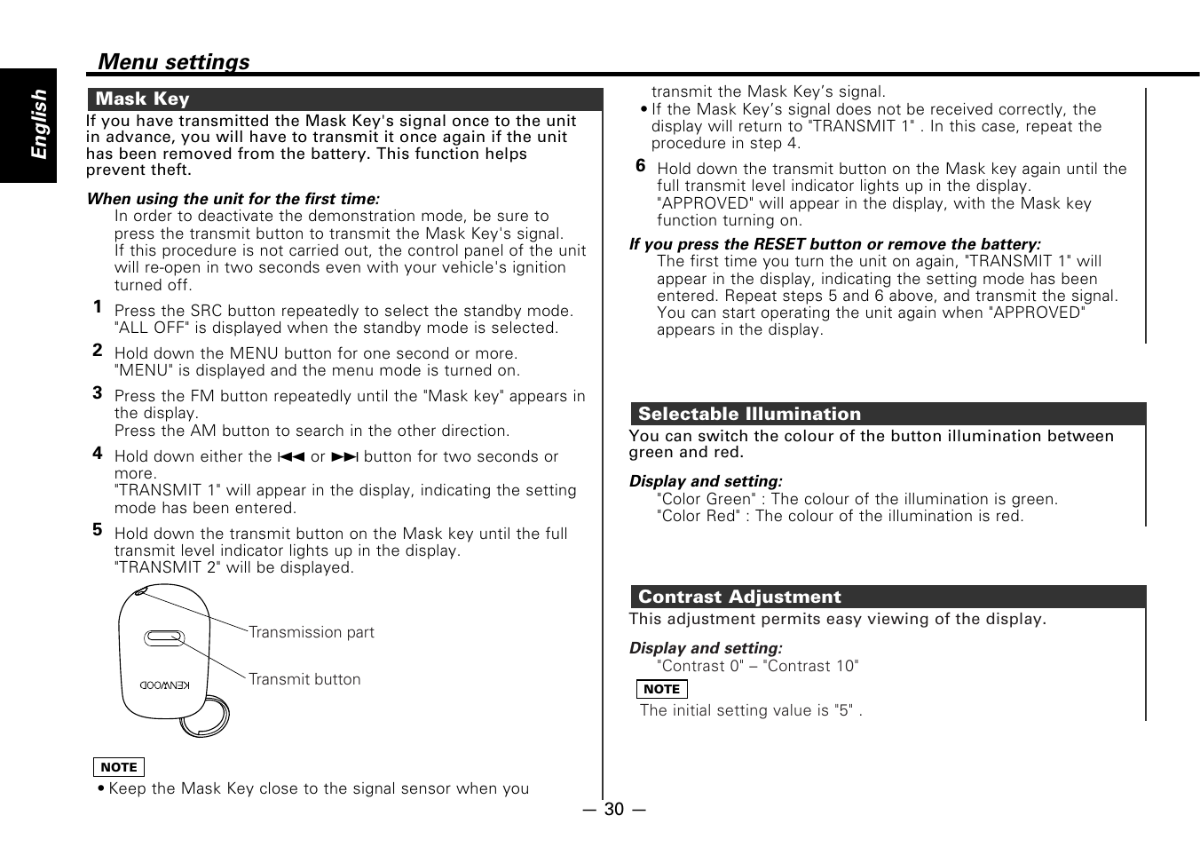 Mask key, Selectable illumination, Contrast adjustment | Menu settings | Kenwood KDC-7080R User Manual | Page 30 / 44