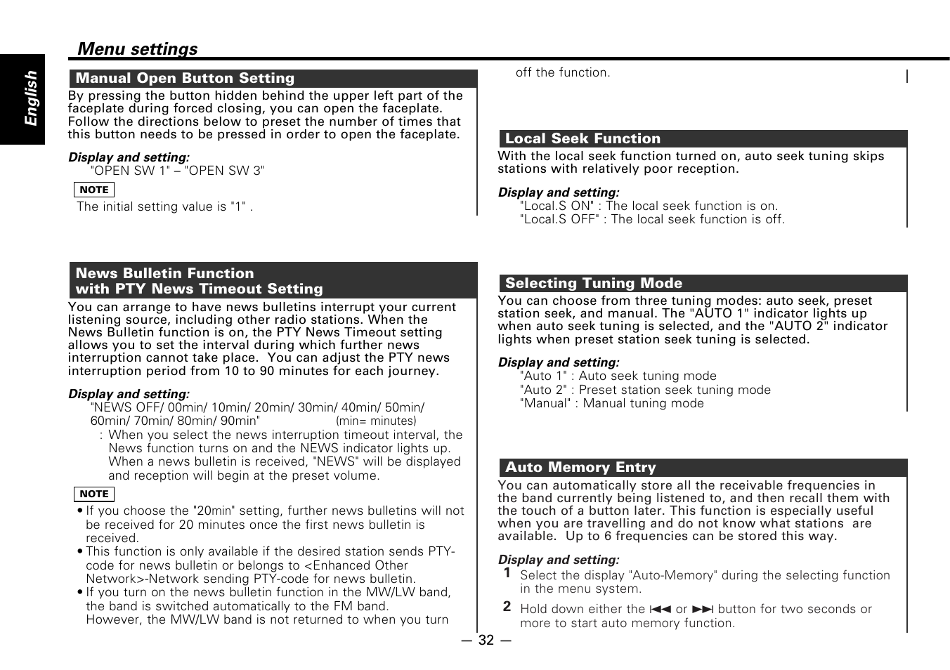 Manual open button setting, Local seek function, Selecting tuning mode | Auto memory entry, Menu settings | Kenwood KDC-7080R User Manual | Page 32 / 44