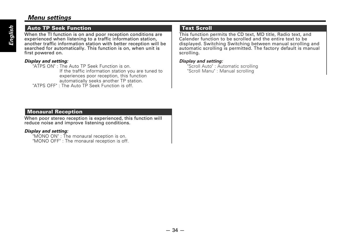 Auto tp seek function, Monaural reception, Text scroll | Menu settings | Kenwood KDC-7080R User Manual | Page 34 / 44