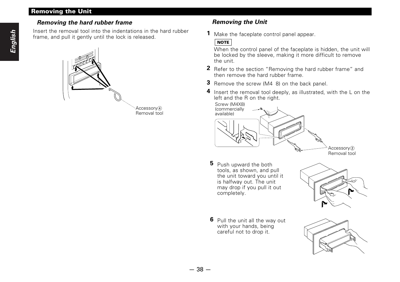 Removing the hard rubber frame, Removing the unit, English | Kenwood KDC-7080R User Manual | Page 38 / 44
