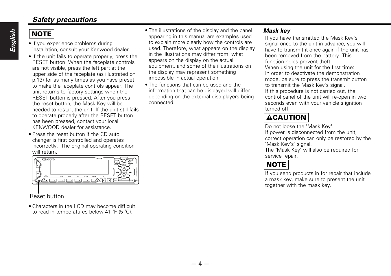 Safety precautions, English | Kenwood KDC-7080R User Manual | Page 4 / 44