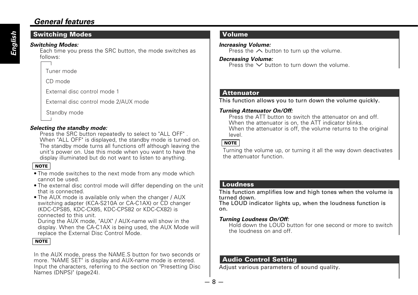 Switching modes, Volume, Attenuator | Loudness, Audio control setting, General features, English | Kenwood KDC-7080R User Manual | Page 8 / 44