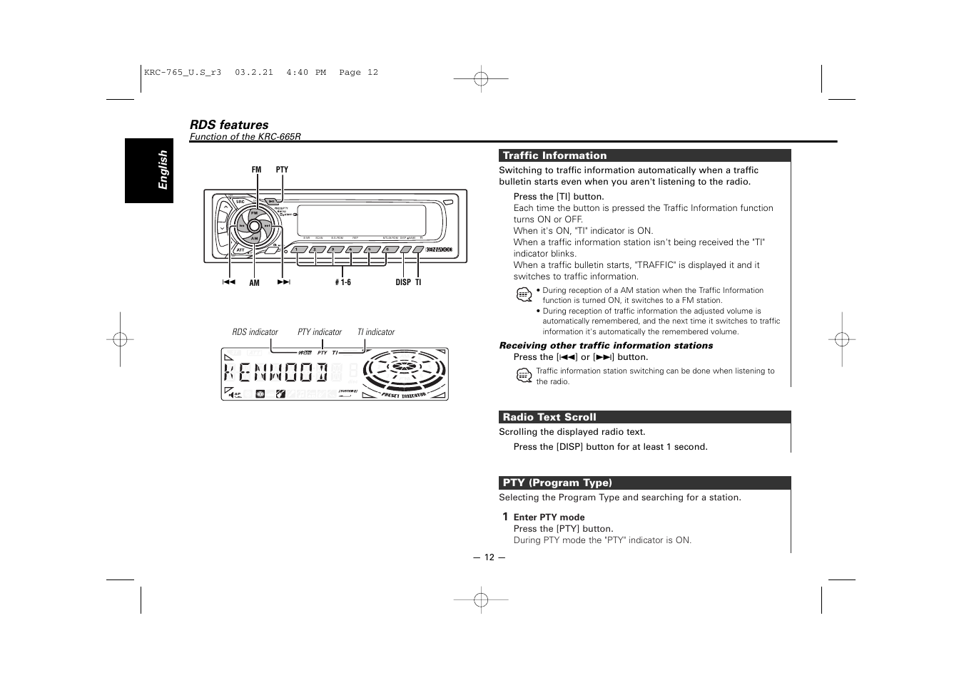 Rds features(krc-665r), Rds features, English | Kenwood KRC-765 User Manual | Page 12 / 42