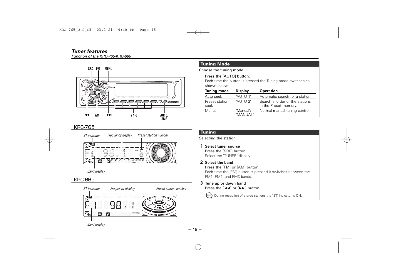 Tuner features(krc-765/krc-665), Tuner features | Kenwood KRC-765 User Manual | Page 15 / 42