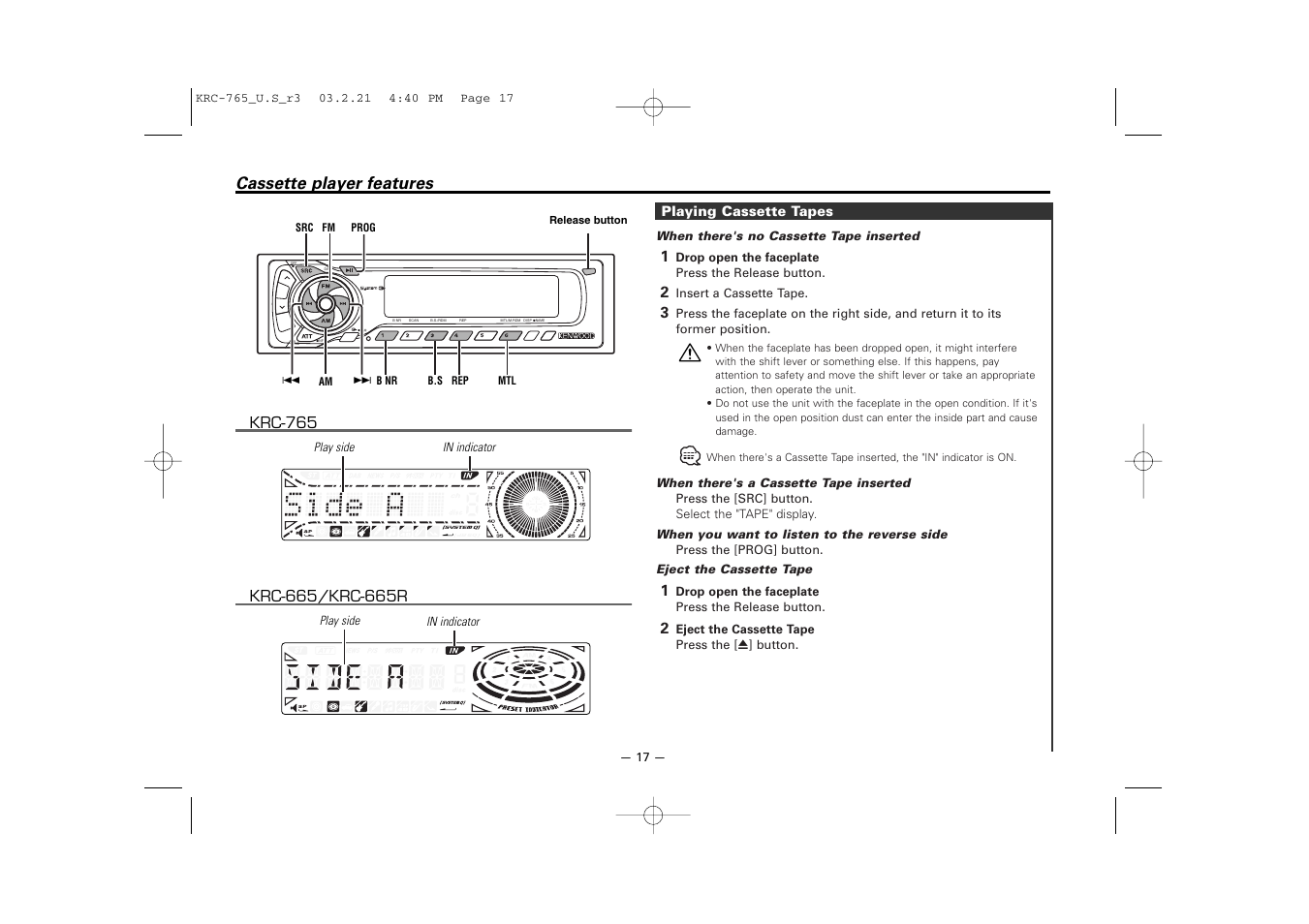 Cassette player features | Kenwood KRC-765 User Manual | Page 17 / 42