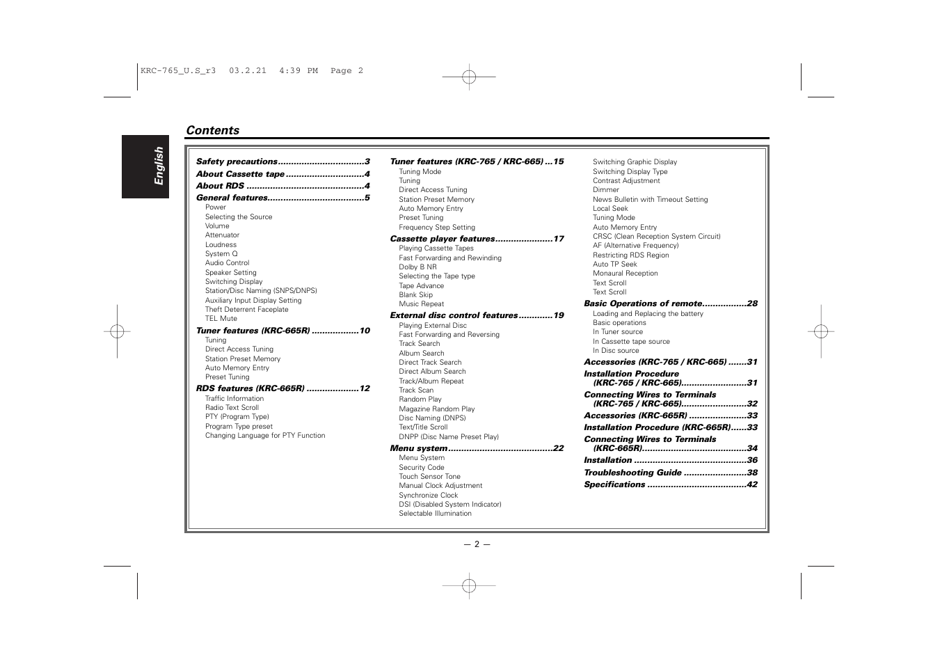Kenwood KRC-765 User Manual | Page 2 / 42
