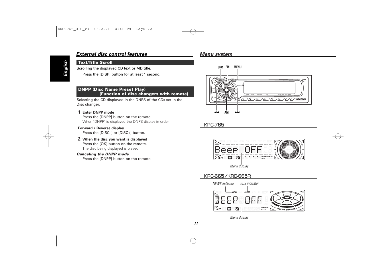 Menu system, External disc control features | Kenwood KRC-765 User Manual | Page 22 / 42