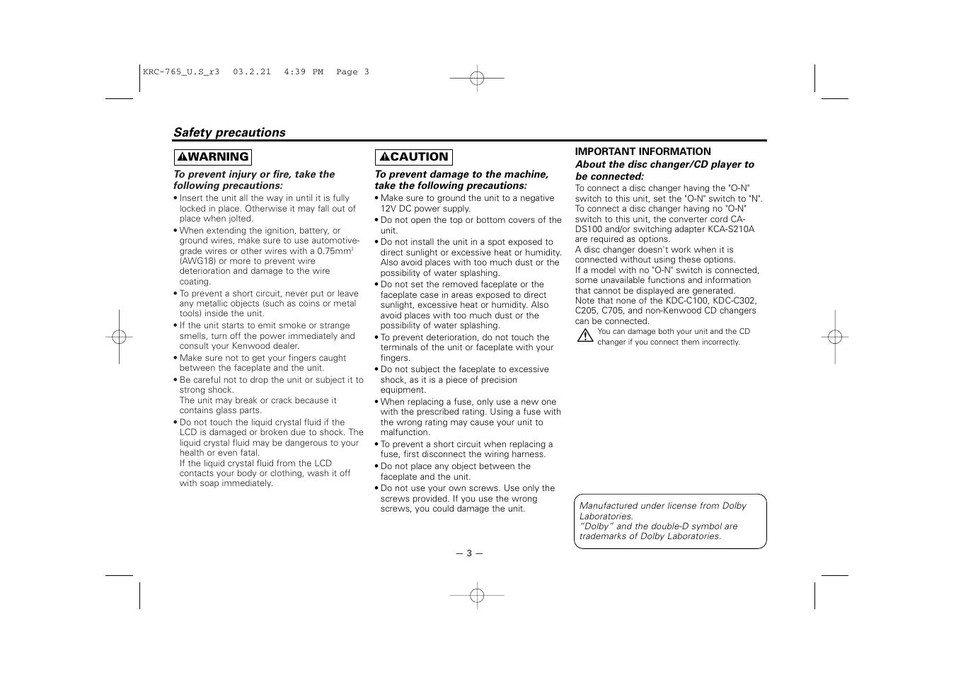 Safety precautions | Kenwood KRC-765 User Manual | Page 3 / 42