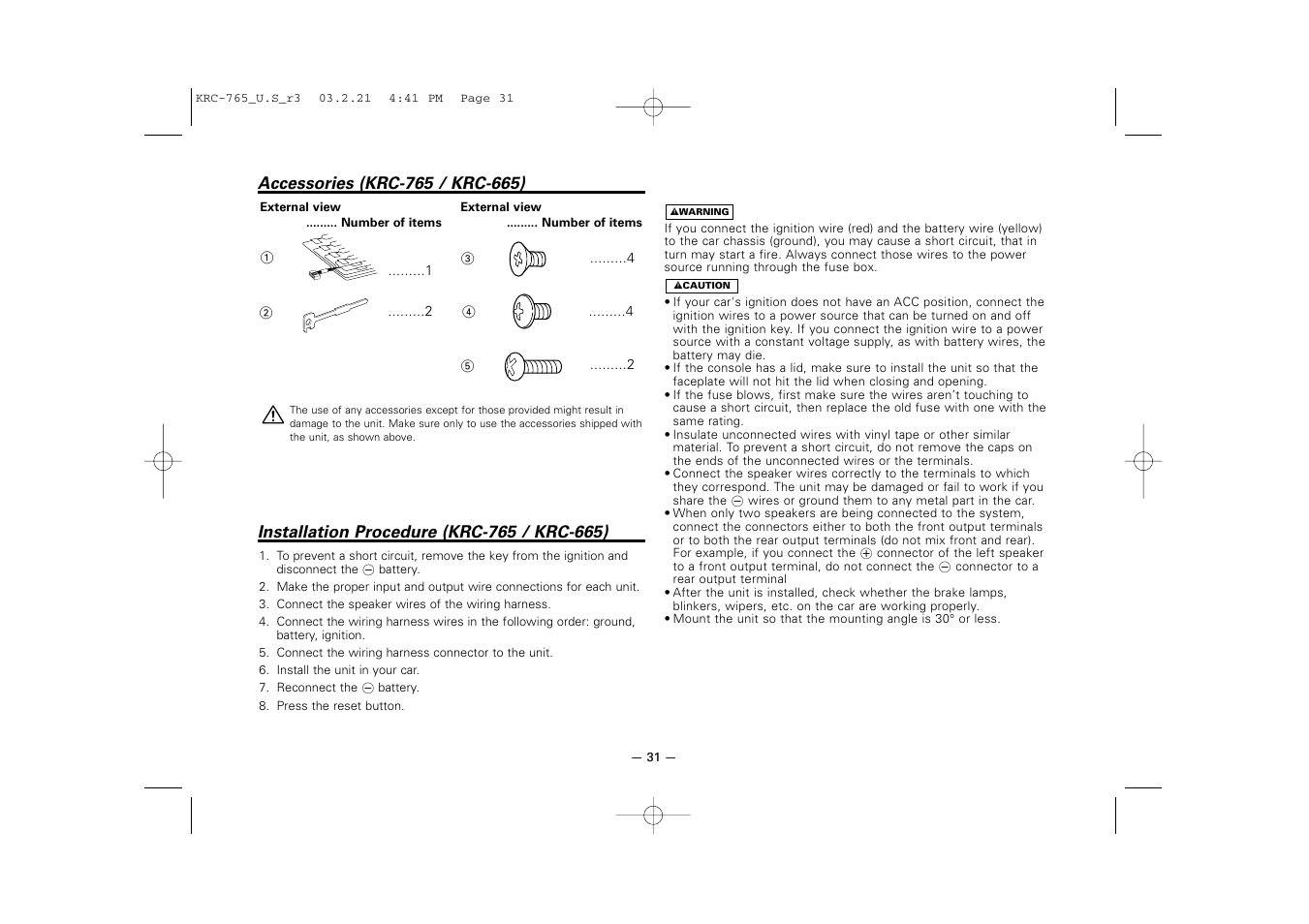 Accessories (krc-765 / krc-665), Installation procedure (krc-765 / krc-665) | Kenwood KRC-765 User Manual | Page 31 / 42