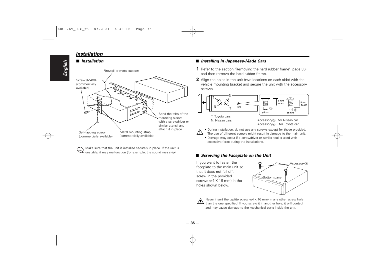 Installation | Kenwood KRC-765 User Manual | Page 36 / 42