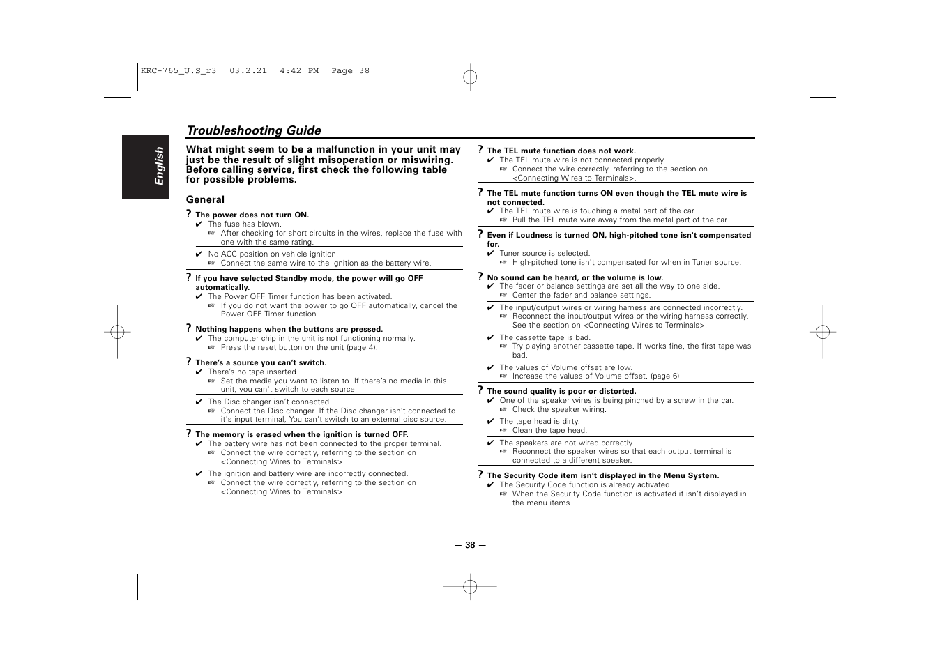 Troubleshooting guide | Kenwood KRC-765 User Manual | Page 38 / 42