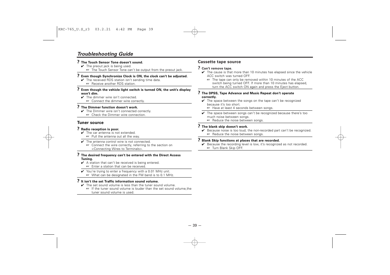 Troubleshooting guide | Kenwood KRC-765 User Manual | Page 39 / 42