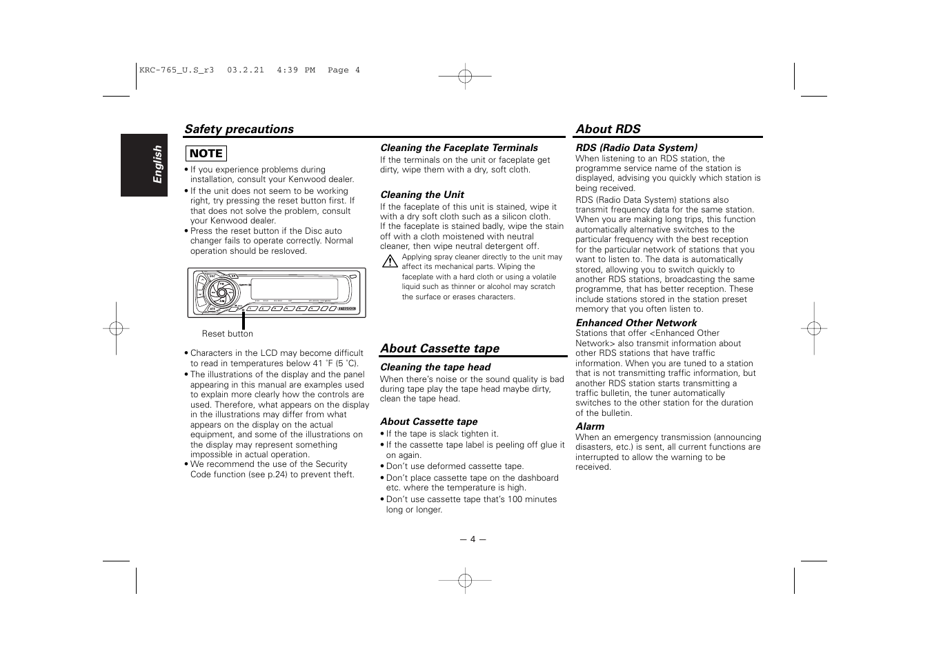 About cassette tape, About rds | Kenwood KRC-765 User Manual | Page 4 / 42