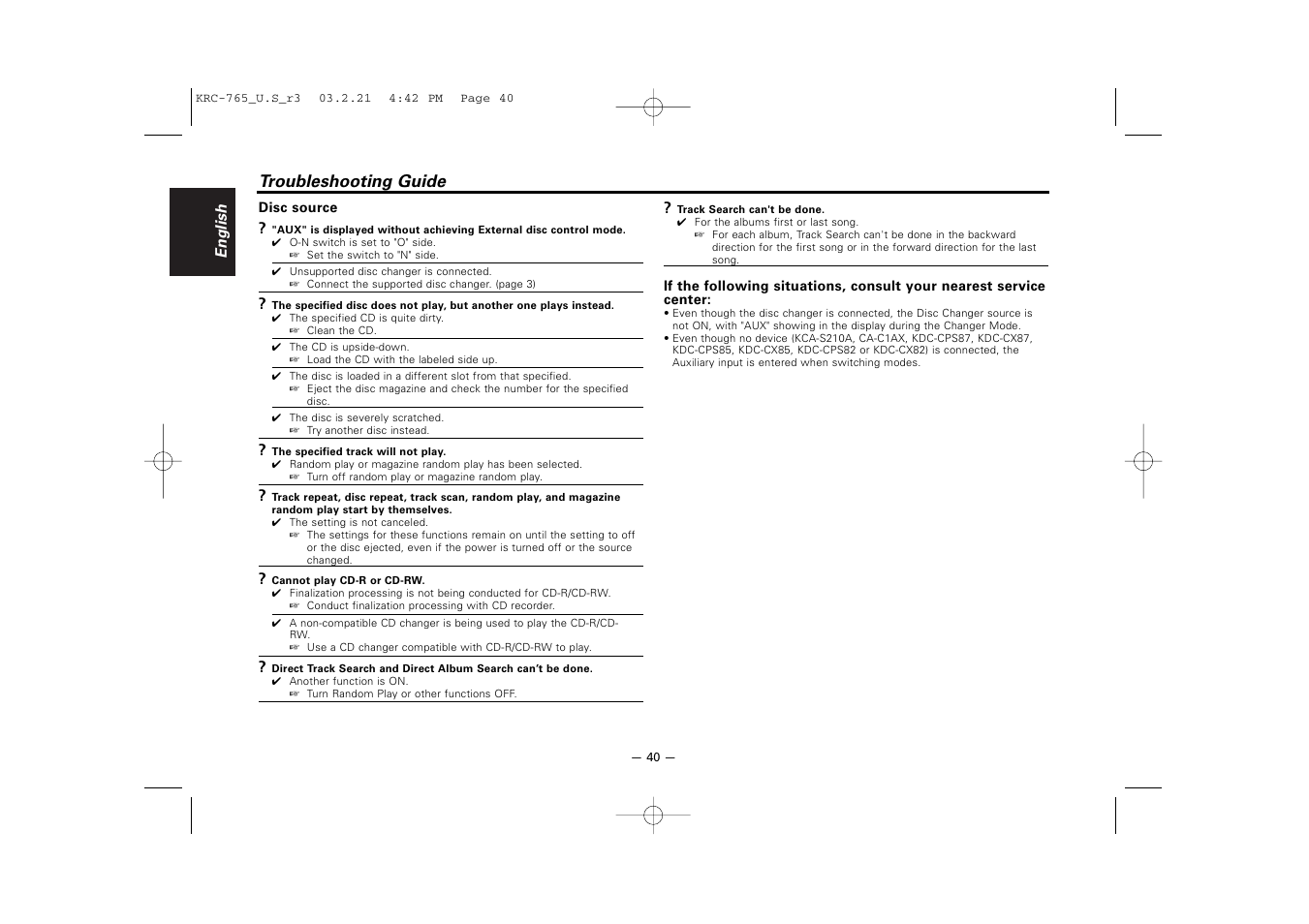 Troubleshooting guide | Kenwood KRC-765 User Manual | Page 40 / 42