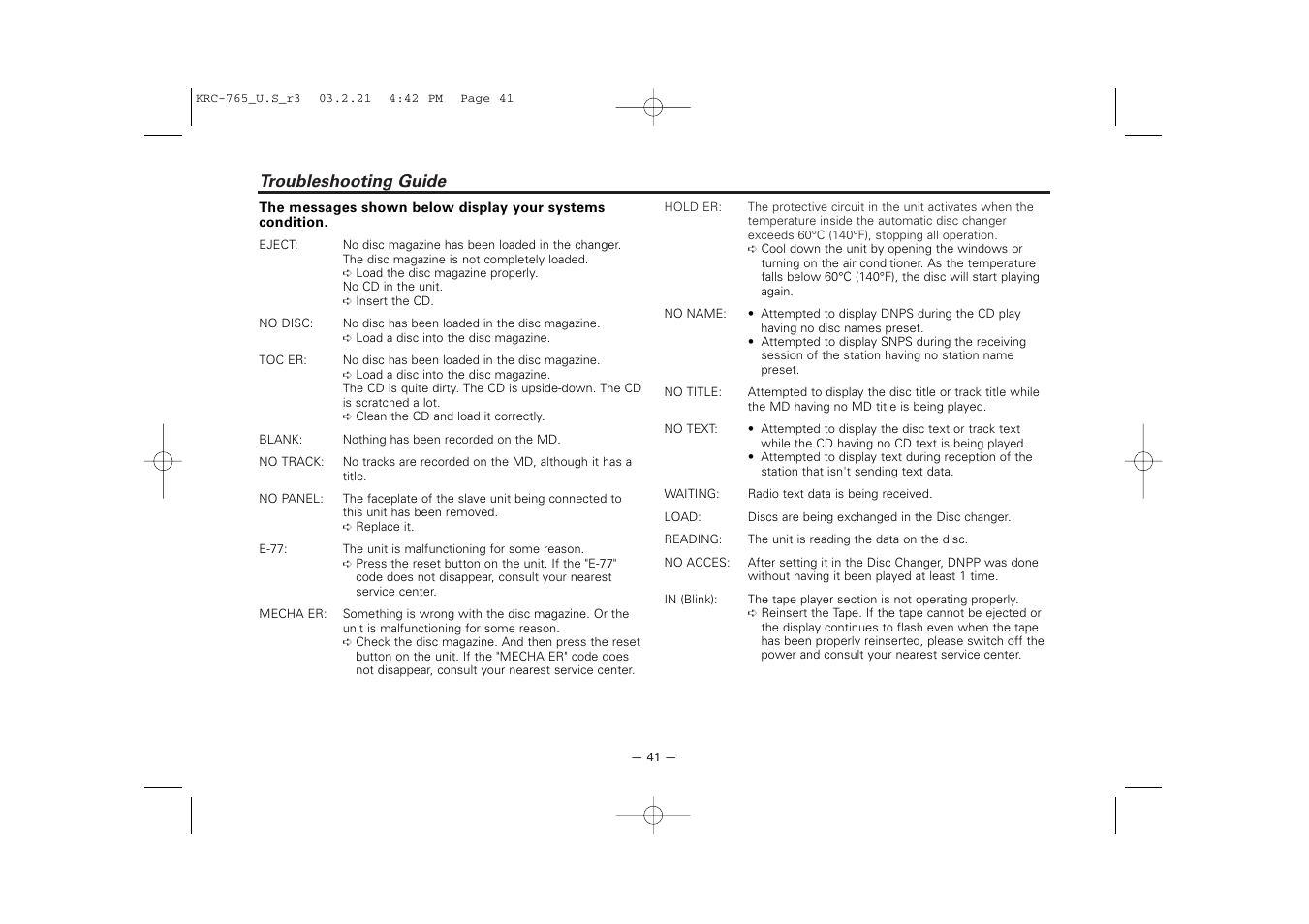 Troubleshooting guide | Kenwood KRC-765 User Manual | Page 41 / 42